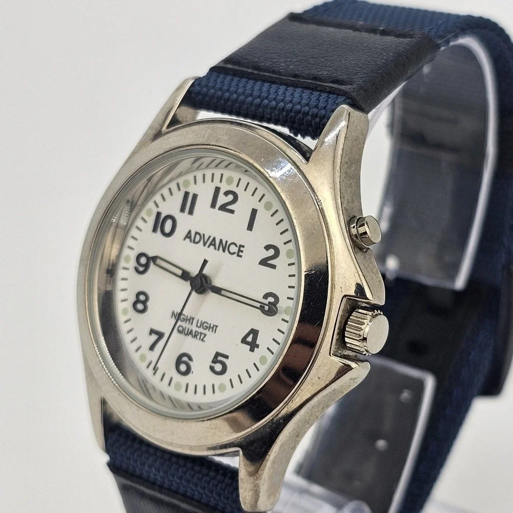 Advance Men Watch 40MM White Dial Blue Canvas Bands NewBattery LIGHT NOT WORKING